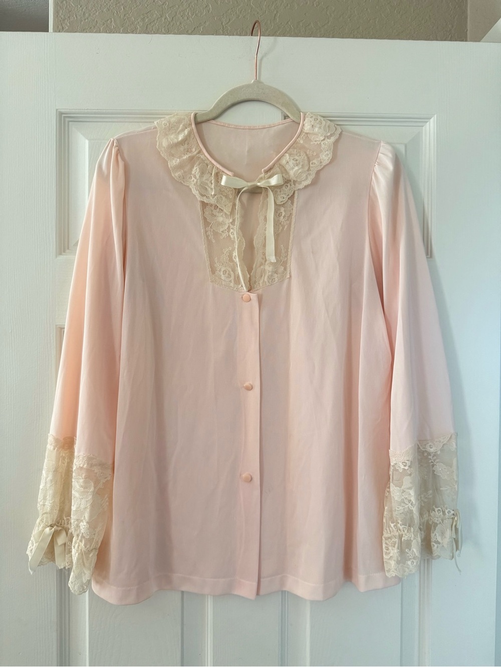 Vintage 1960’s Sears Pink Cream Lace Detail Tie Neck Blouse